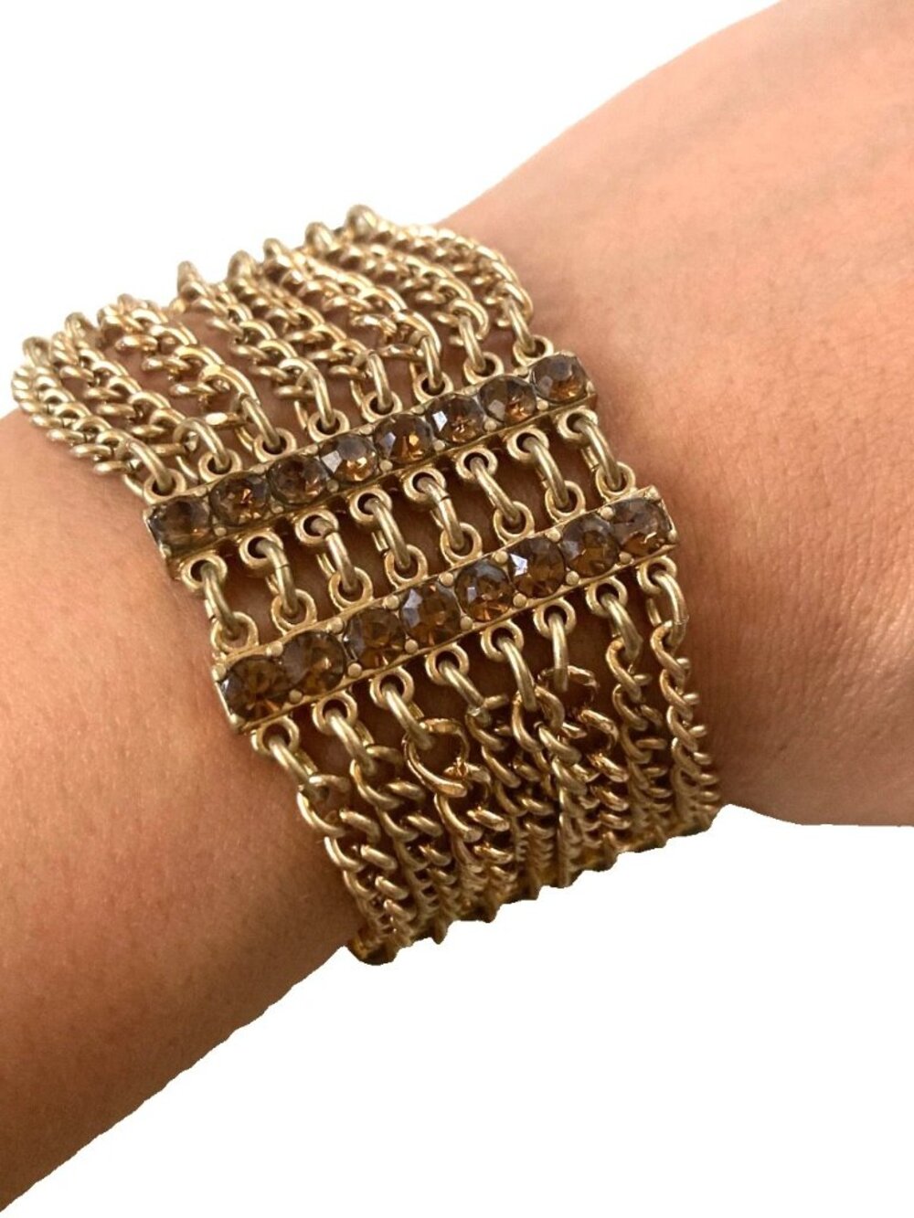 Gold tone jewelry multi layer preloved bracelet features brown rhinestone